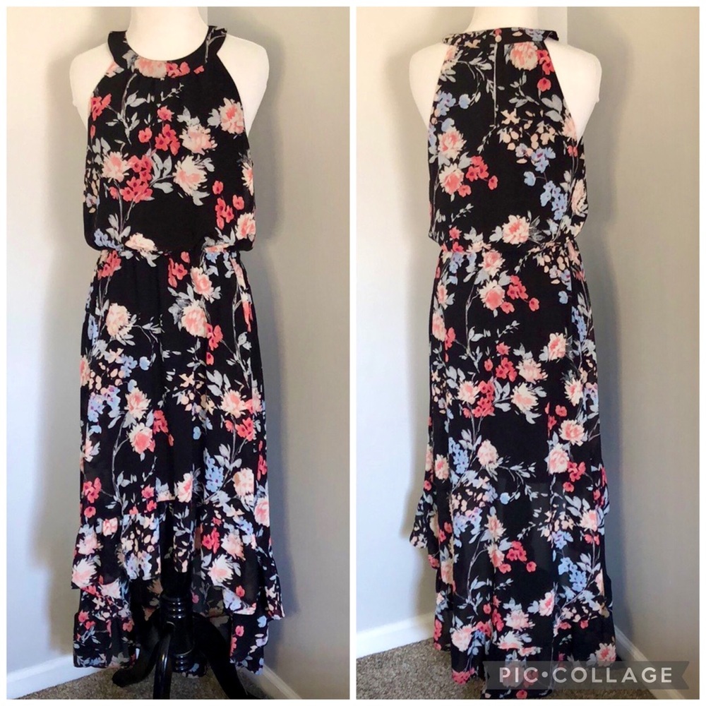 Elle Black & Pink Floral Sleeveless High Low Dress size Small